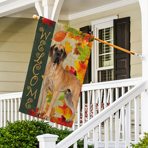 KafePross - Welcome Fall Great Dane Playing in the Maple Leaf Autumn Garden House Flag