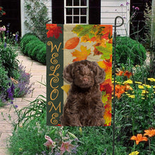 Load image into Gallery viewer, KafePross - Welcome Fall Labradoodle Playing in the Maple Leaf Autumn Garden House Flag
