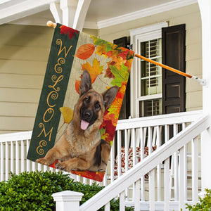 KafePross - Welcome Fall German Shepherd Dog Playing in the Maple Leaf Autumn Garden House Flag