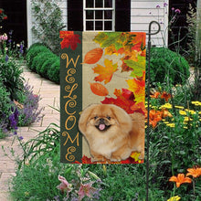 Load image into Gallery viewer, KafePross - Welcome Fall Pekingese Dog Playing in the Maple Leaf Autumn Garden House Flag
