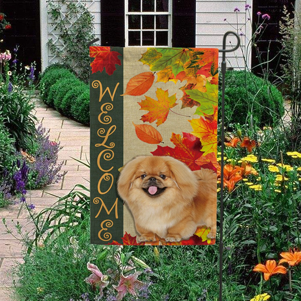 KafePross - Welcome Fall Pekingese Dog Playing in the Maple Leaf Autumn Garden House Flag