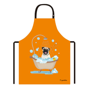 Cute Dog Apron Pug Taking Shower in a Bathtub