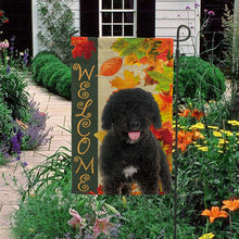 Load image into Gallery viewer, KafePross - Welcome Fall Spanish Water Dog Playing in the Maple Leaf Autumn Garden House Flag
