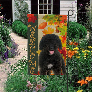 KafePross - Welcome Fall Spanish Water Dog Playing in the Maple Leaf Autumn Garden House Flag