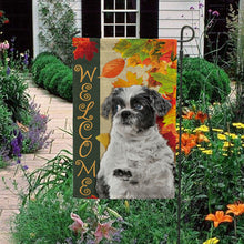 Load image into Gallery viewer, KafePross - Welcome Fall Shih Tzu Playing in the Maple Leaf Autumn Garden House Flag
