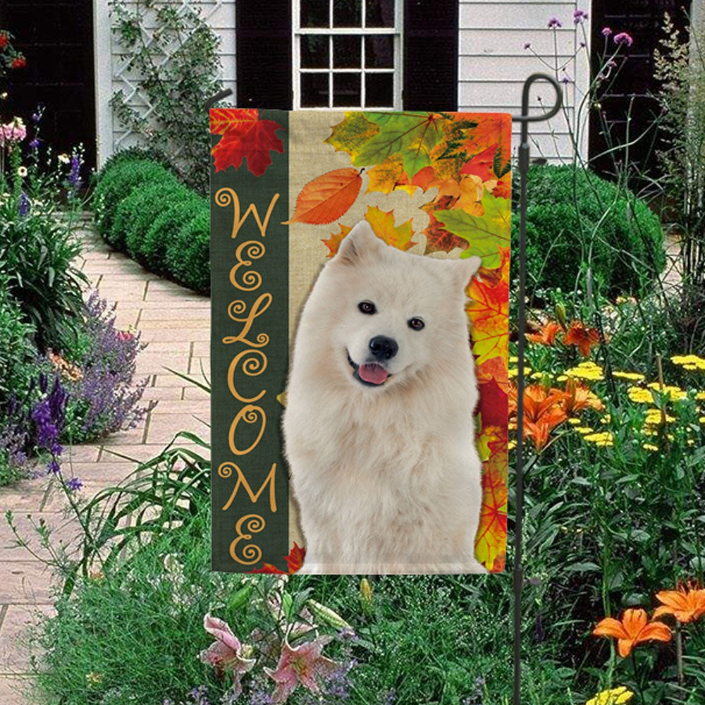 KafePross - Welcome Fall Samoyed Playing in the Maple Leaf Autumn Garden House Flag