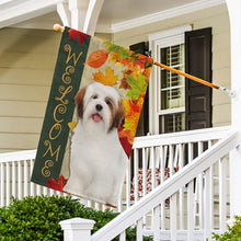 Load image into Gallery viewer, KafePross - Welcome Fall Lhasa Apso Playing in the Maple Leaf Autumn Garden House Flag
