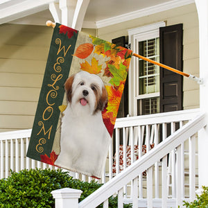 KafePross - Welcome Fall Lhasa Apso Playing in the Maple Leaf Autumn Garden House Flag