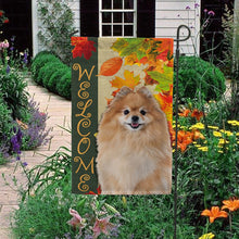 Load image into Gallery viewer, KafePross - Welcome Fall Pomeranian Playing in the Maple Leaf Autumn Garden House Flag
