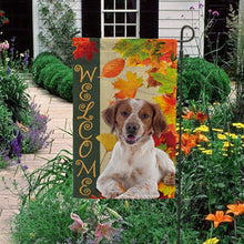 Load image into Gallery viewer, KafePross - Welcome Fall Brittany Dog Playing in the Maple Leaf Autumn Garden House Flag
