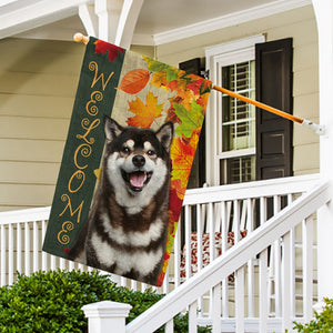 KafePross - Welcome Fall Shiba Inu Playing in the Maple Leaf Autumn Garden House Flag