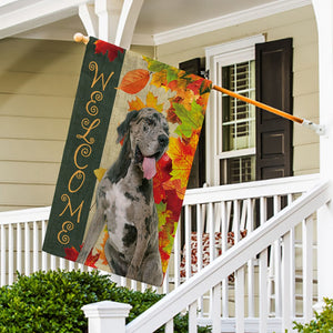 KafePross - Welcome Fall Great Dane Playing in the Maple Leaf Autumn Garden House Flag