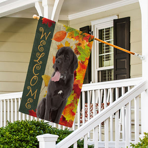 KafePross - Welcome Fall Great Dane Playing in the Maple Leaf Autumn Garden House Flag