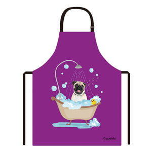 Cute Dog Apron Pug Taking Shower in a Bathtub